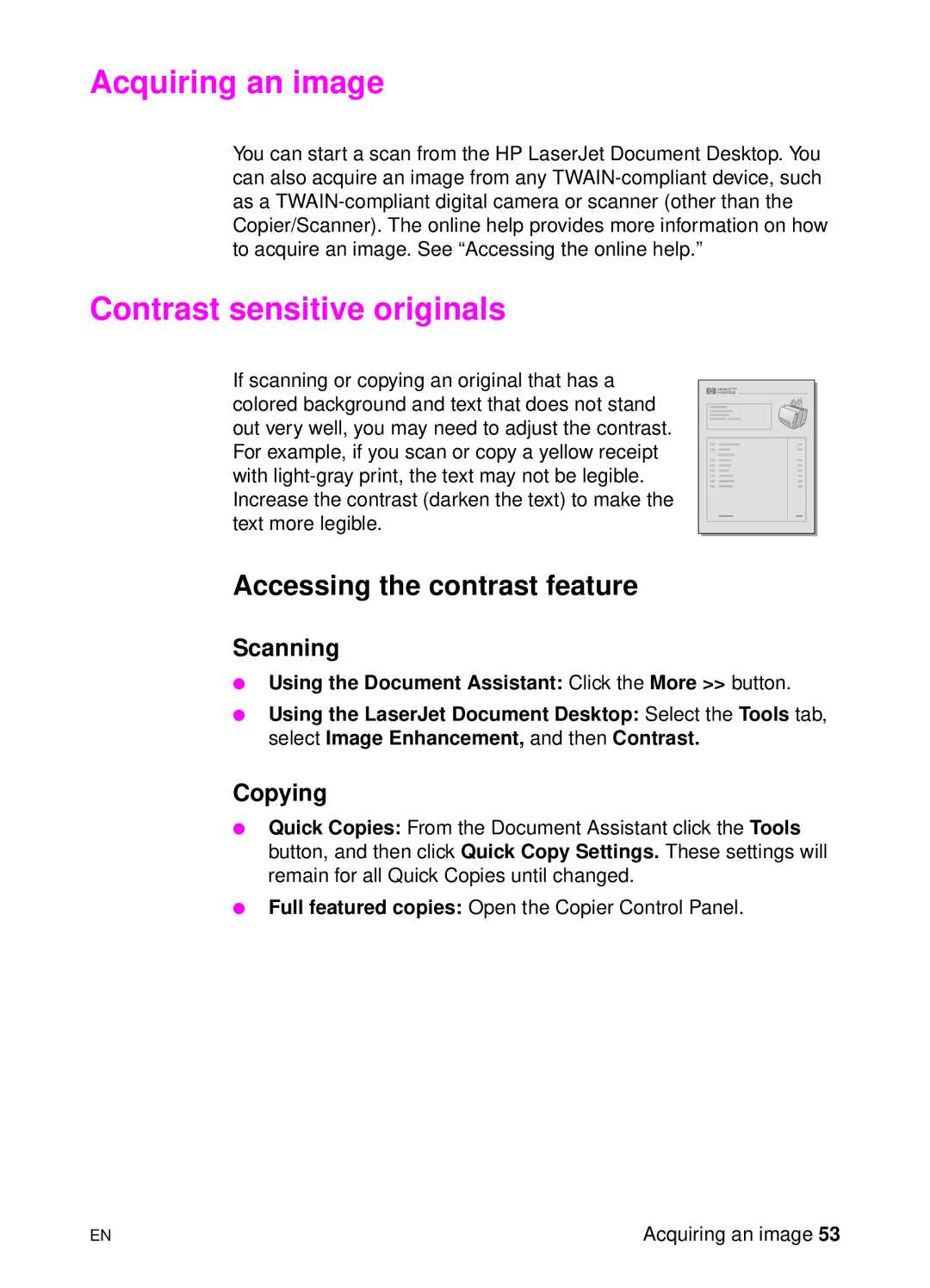 HP 1100A manual Acquiring an image, Contrast sensitive originals, Accessing the contrast feature, Scanning, Copying 