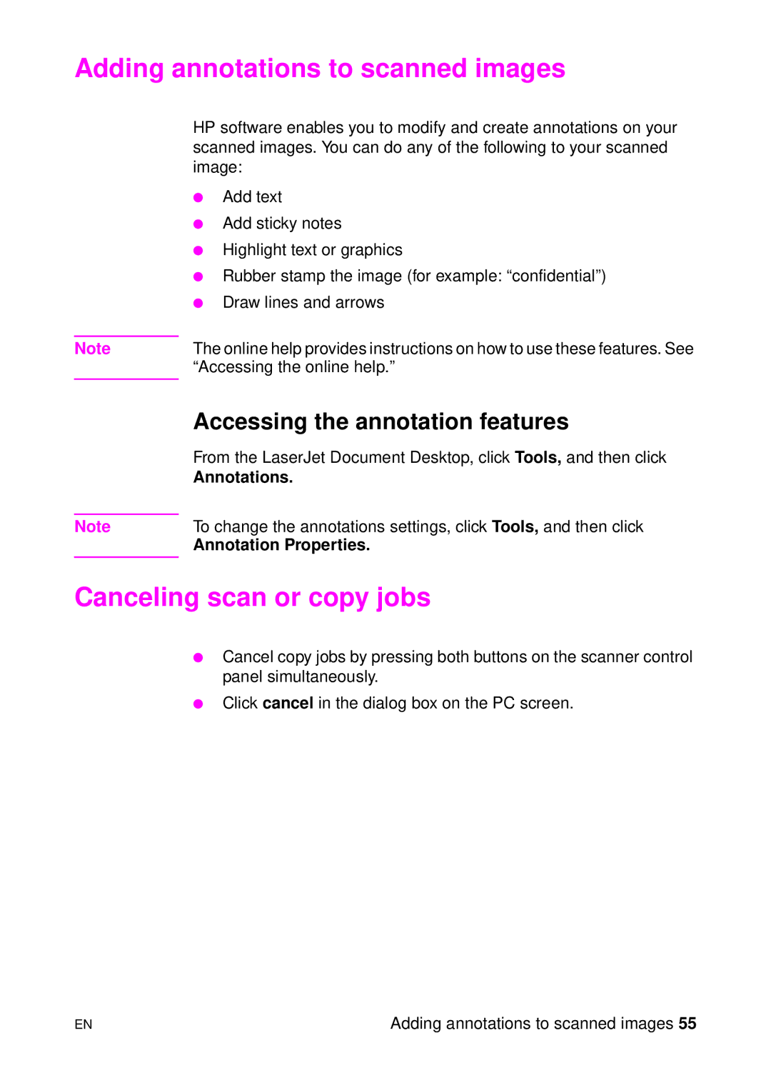 HP 1100A Adding annotations to scanned images, Canceling scan or copy jobs, Accessing the annotation features, Annotations 