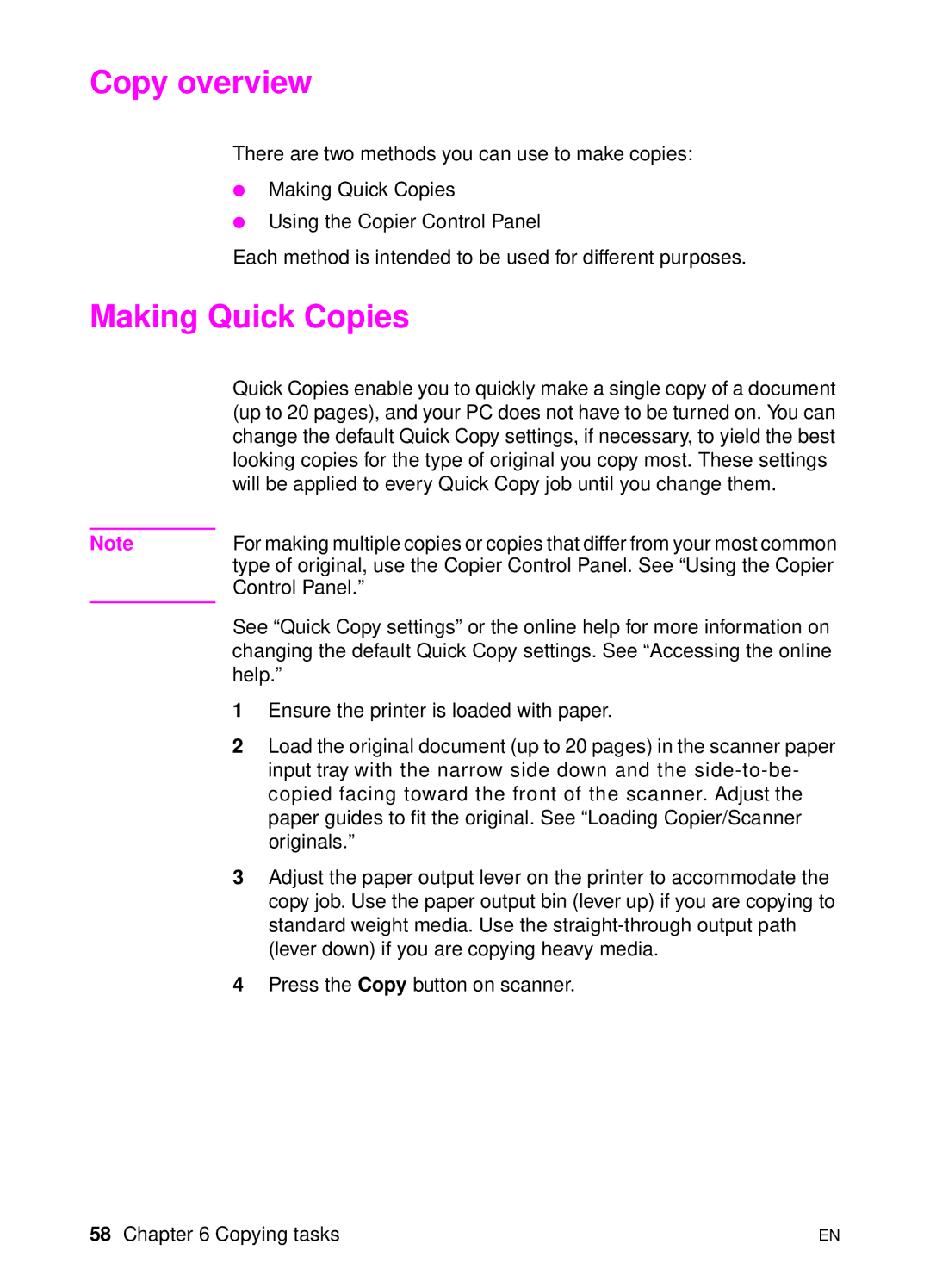 HP 1100A manual Copy overview, Making Quick Copies 