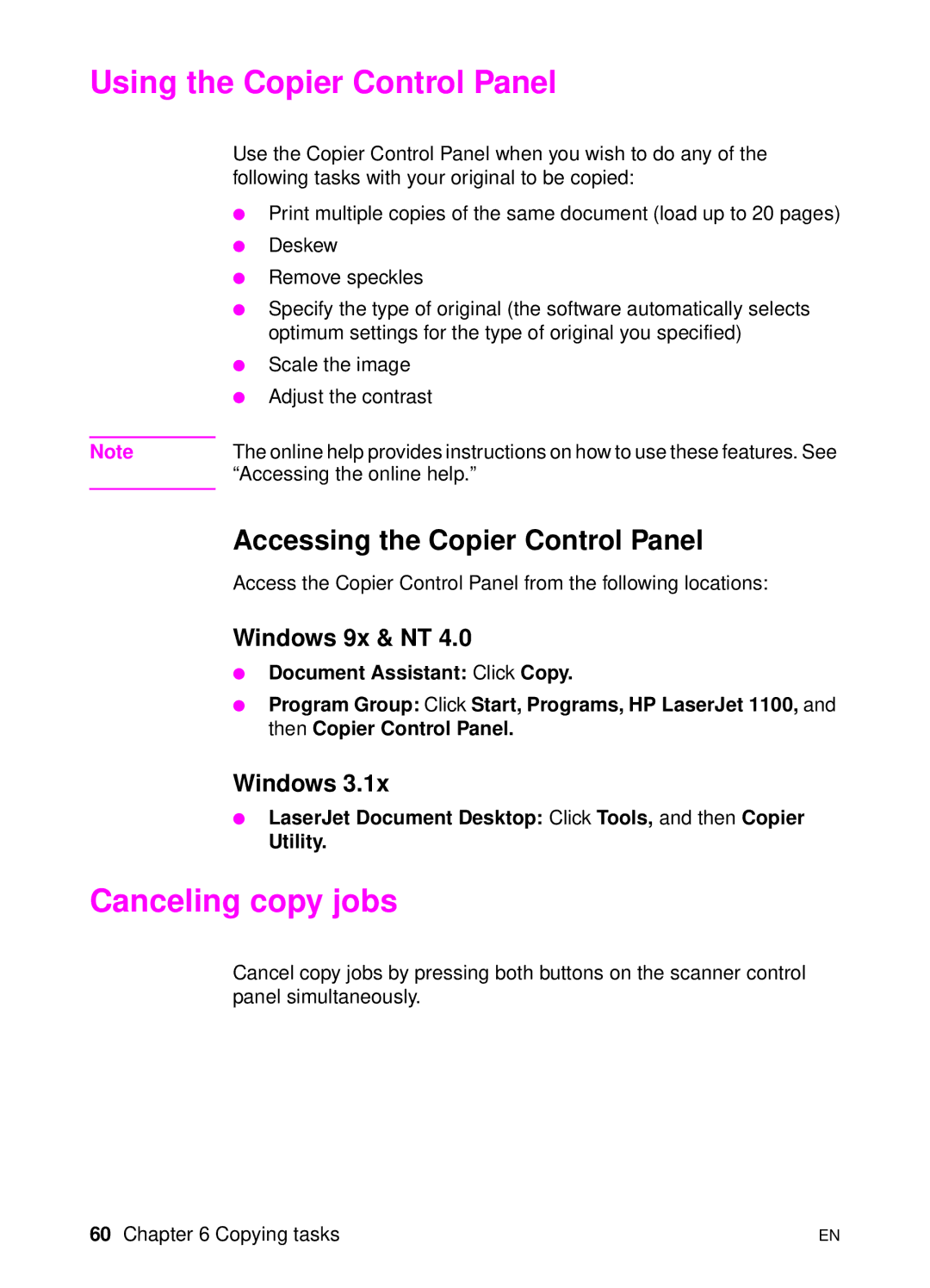 HP 1100A manual Using the Copier Control Panel, Canceling copy jobs, Accessing the Copier Control Panel 