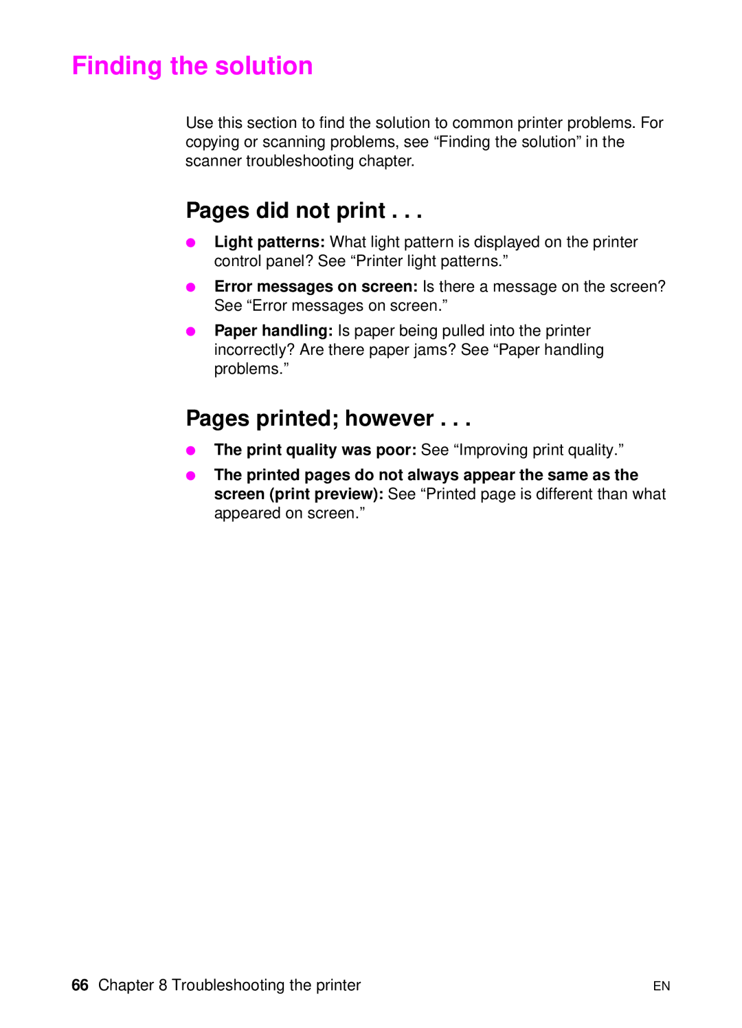 HP 1100A manual Finding the solution, Pages did not print, Pages printed however 