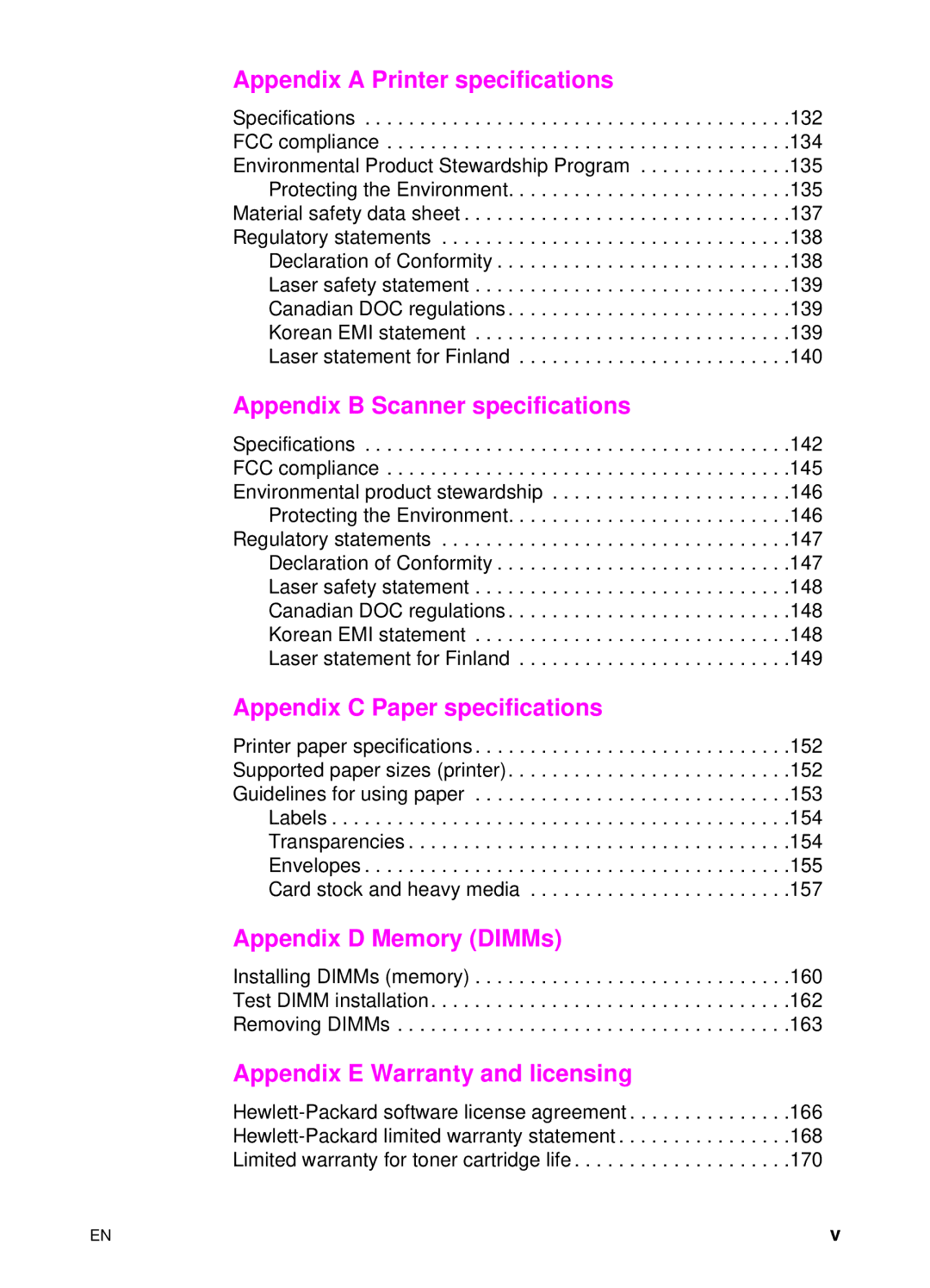 HP 1100A manual Appendix a Printer specifications 