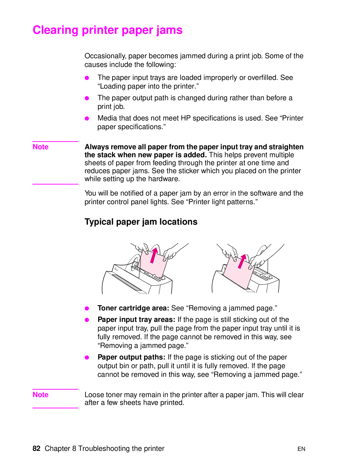 HP 1100A manual Clearing printer paper jams, Typical paper jam locations 