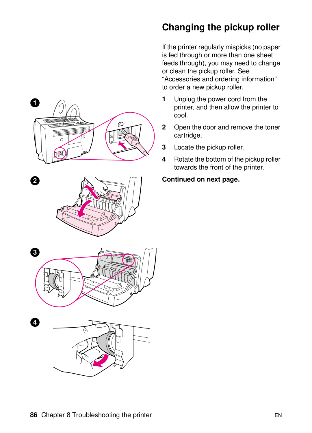 HP 1100A manual Changing the pickup roller, On next 