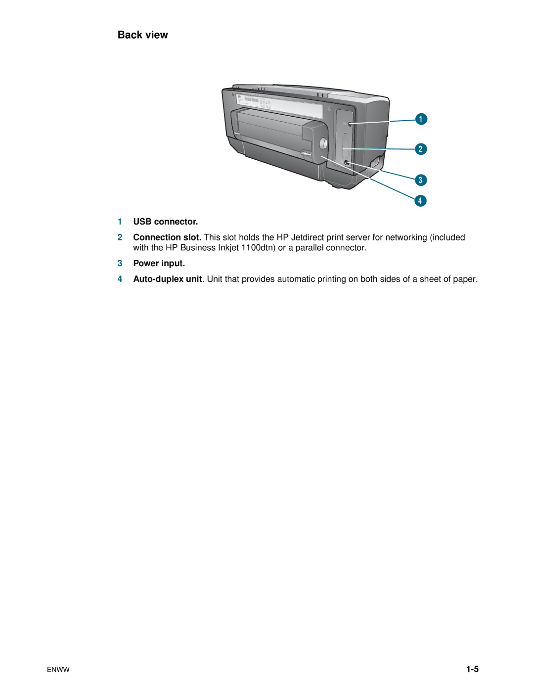 HP 1100dtn manual Back view, USB connector, Power input 