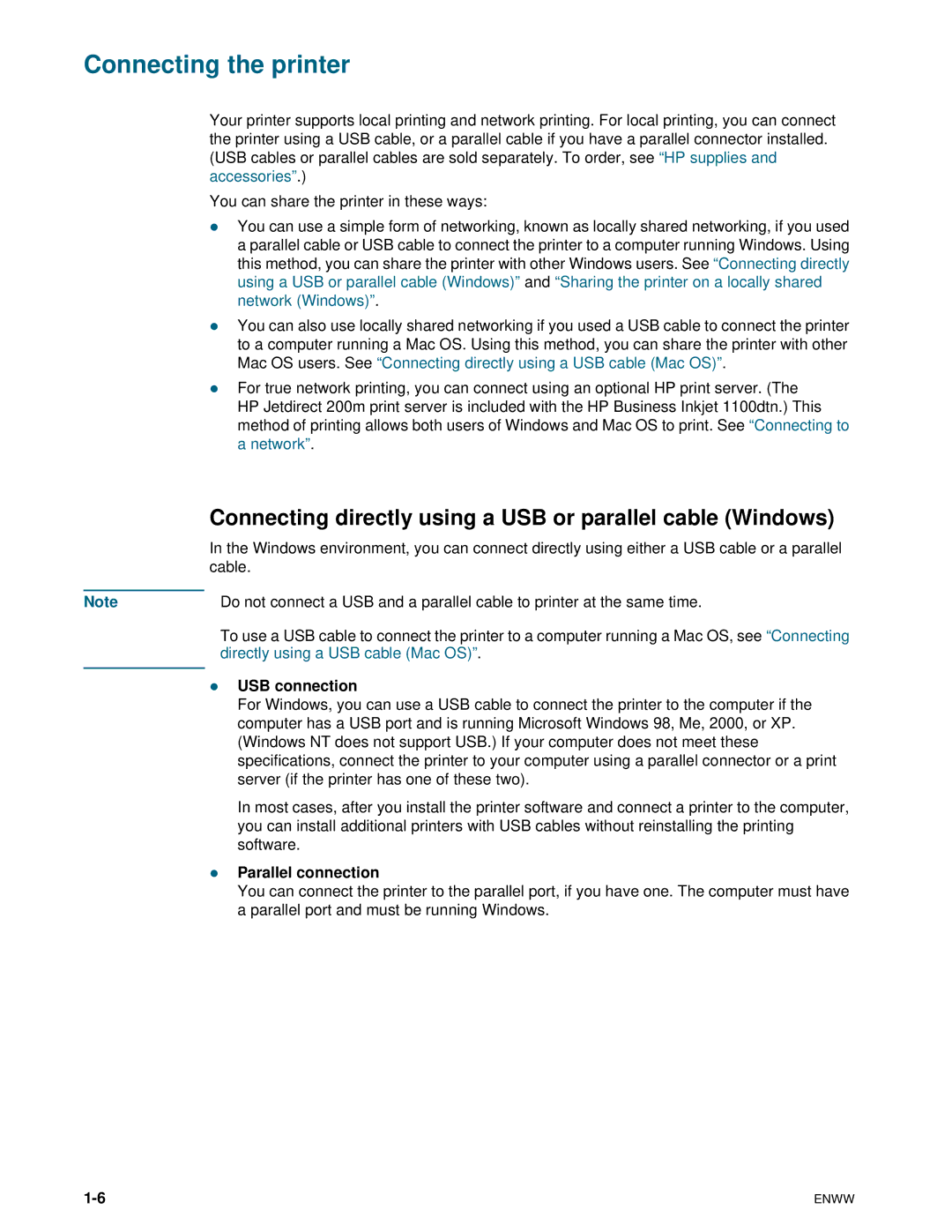 HP 1100dtn manual Connecting the printer, Connecting directly using a USB or parallel cable Windows, USB connection 