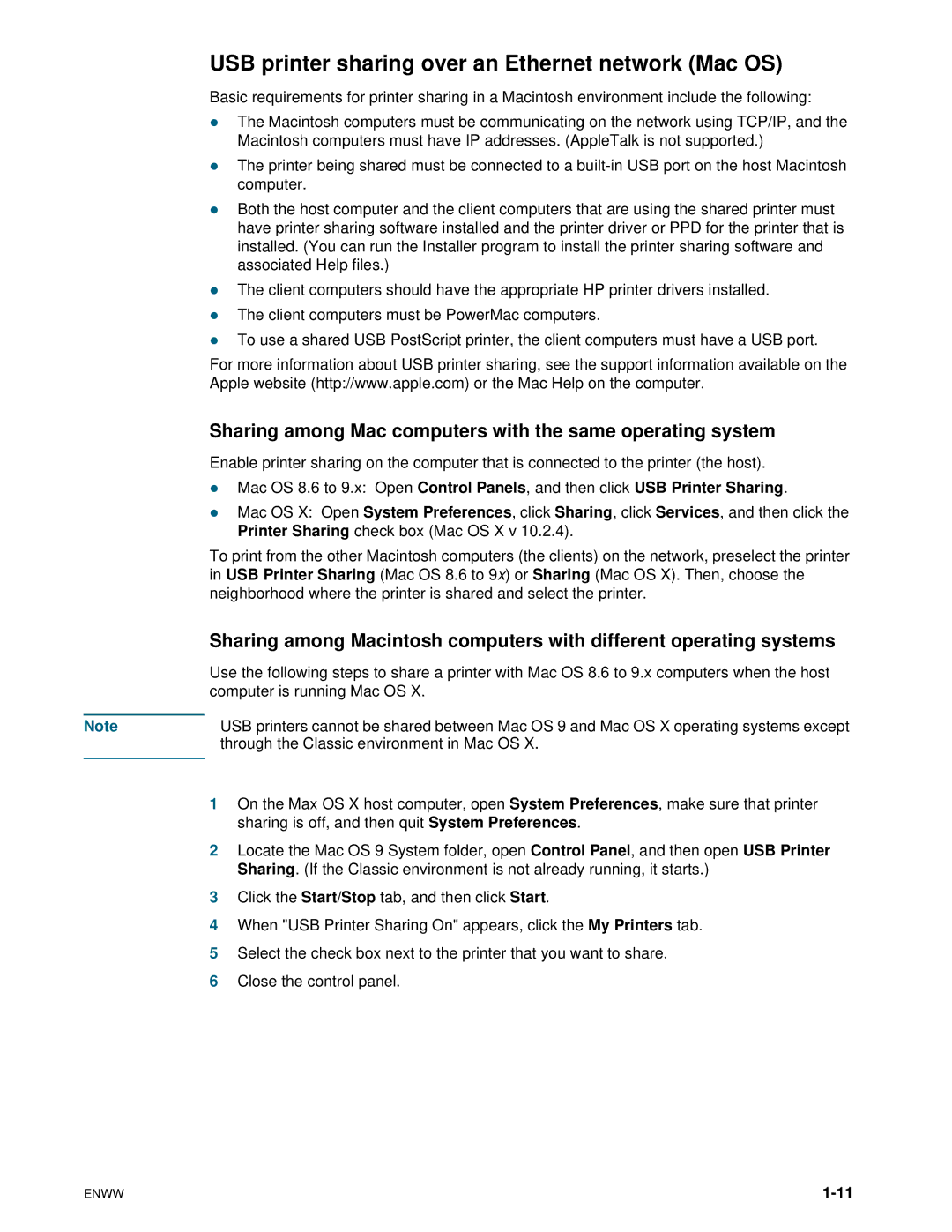 HP 1100dtn USB printer sharing over an Ethernet network Mac OS, Sharing among Mac computers with the same operating system 