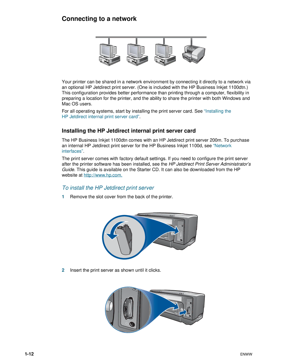 HP 1100dtn manual Connecting to a network, Installing the HP Jetdirect internal print server card 