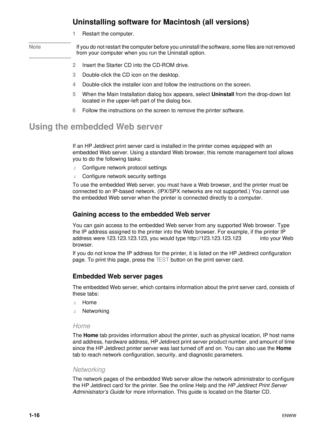 HP 1100d manual Using the embedded Web server, Uninstalling software for Macintosh all versions, Embedded Web server pages 