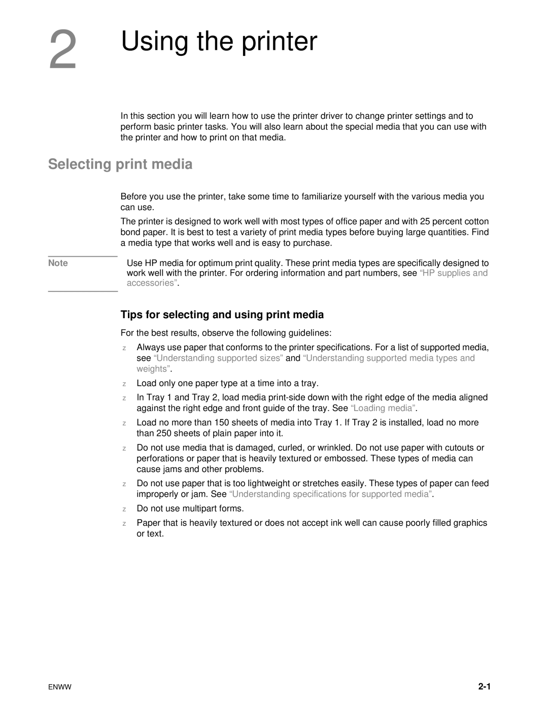 HP 1100dtn manual Using the printer, Selecting print media, Tips for selecting and using print media 