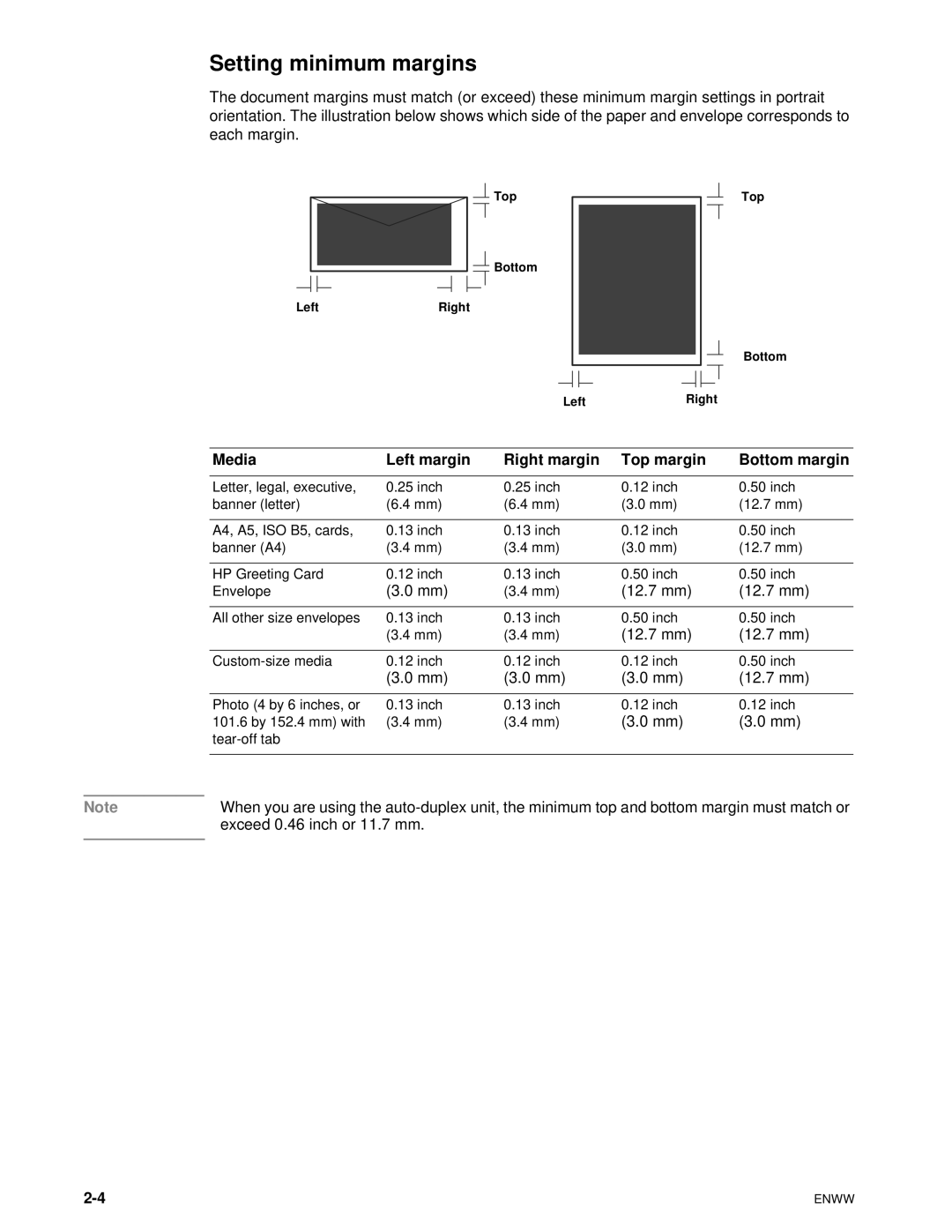 HP 1100dtn manual Setting minimum margins, Media Left margin Right margin Top margin Bottom margin 