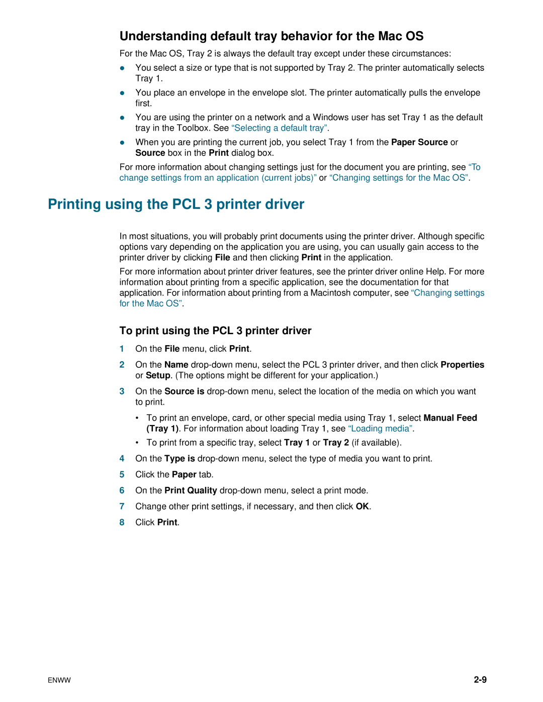 HP 1100dtn manual Printing using the PCL 3 printer driver, Understanding default tray behavior for the Mac OS 