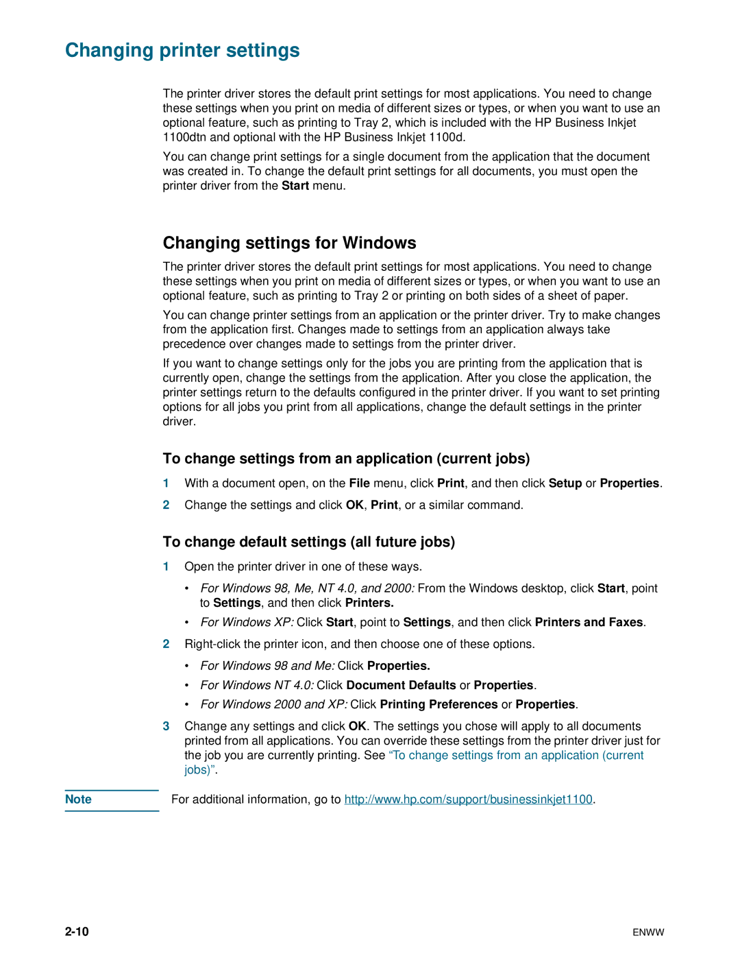 HP 1100d Changing printer settings, Changing settings for Windows, To change settings from an application current jobs 