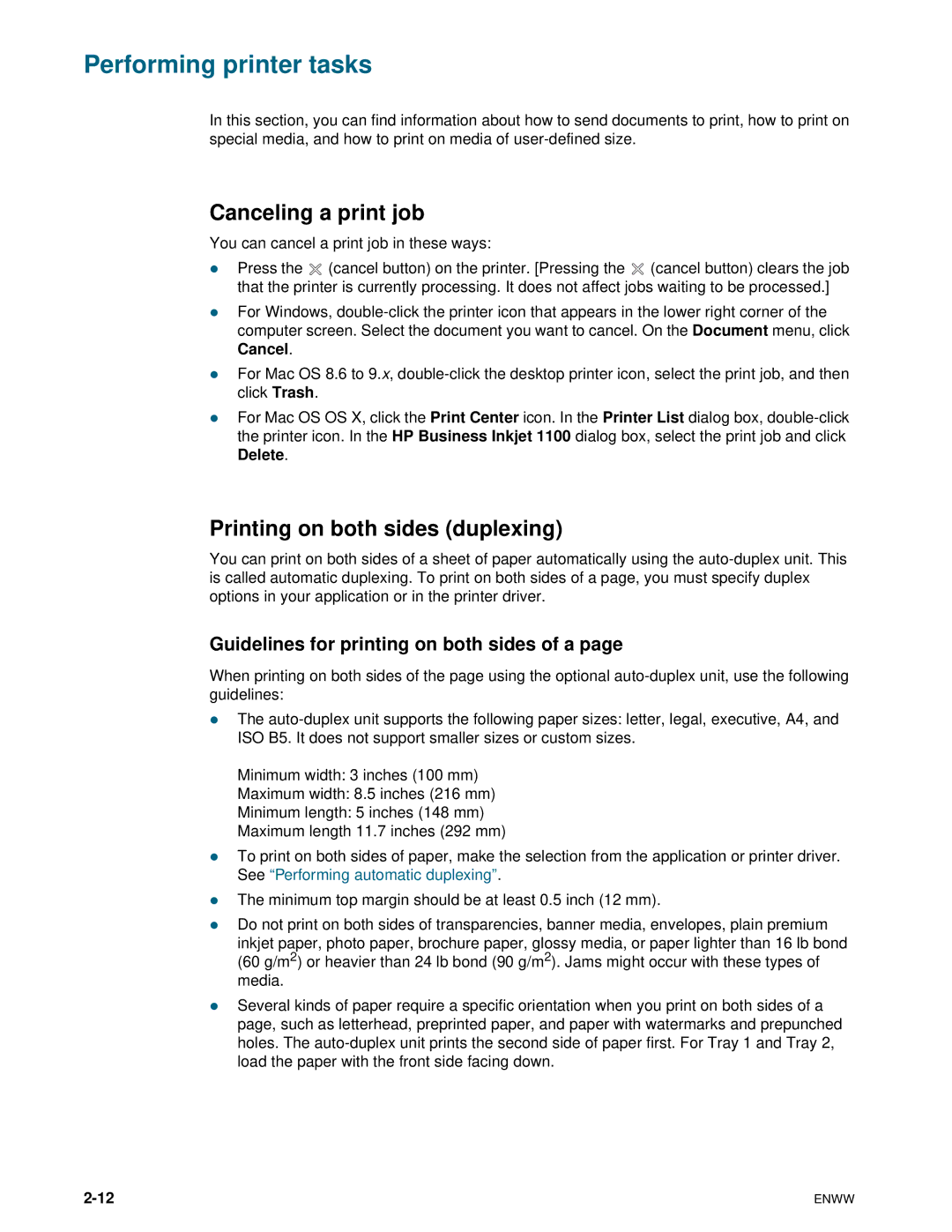 HP 1100dtn manual Performing printer tasks, Canceling a print job, Printing on both sides duplexing 