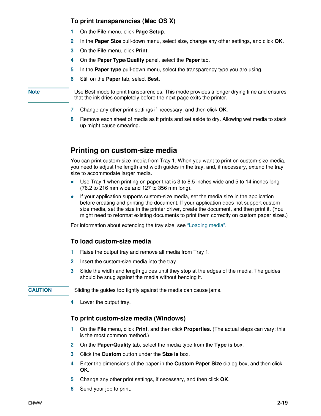 HP 1100dtn manual Printing on custom-size media, To print transparencies Mac OS, To load custom-size media 