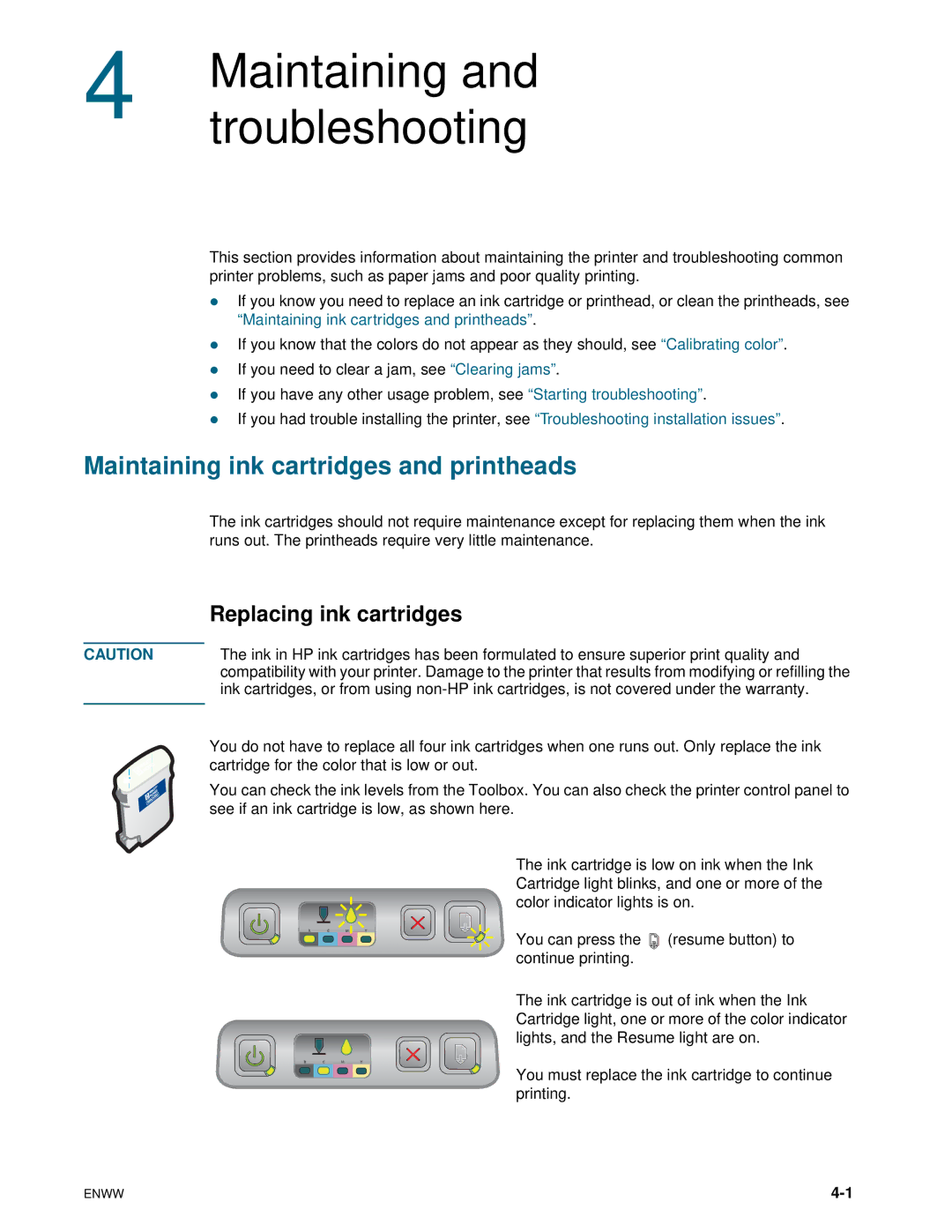 HP 1100dtn manual Troubleshooting, Maintaining ink cartridges and printheads, Replacing ink cartridges 