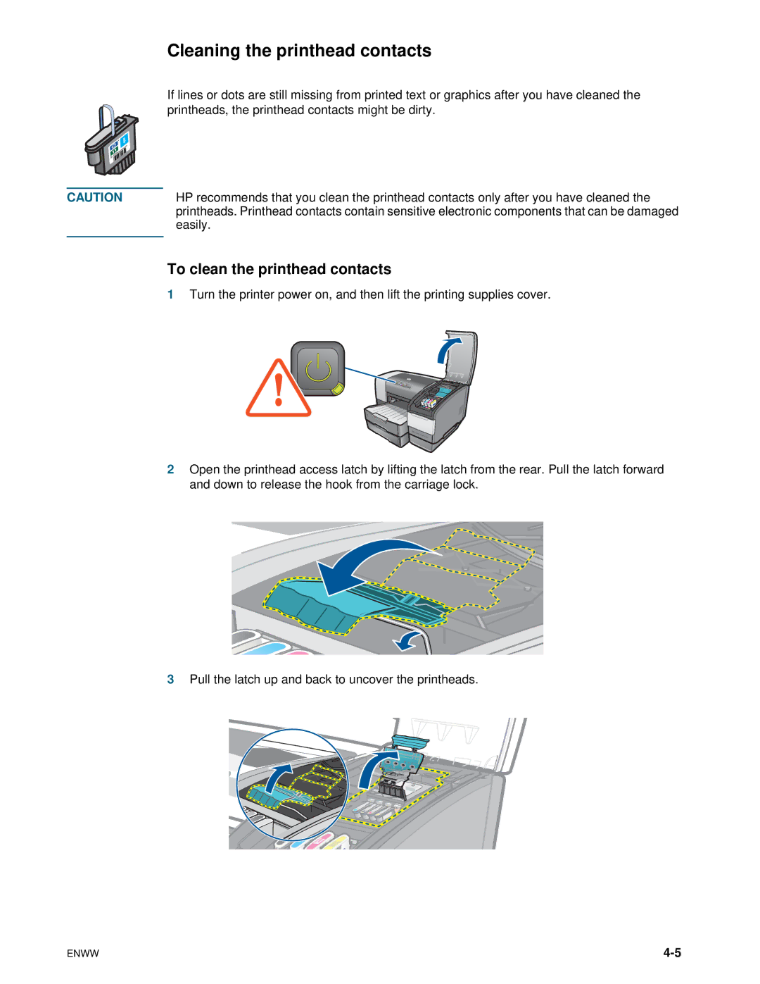 HP 1100dtn manual Cleaning the printhead contacts, To clean the printhead contacts 