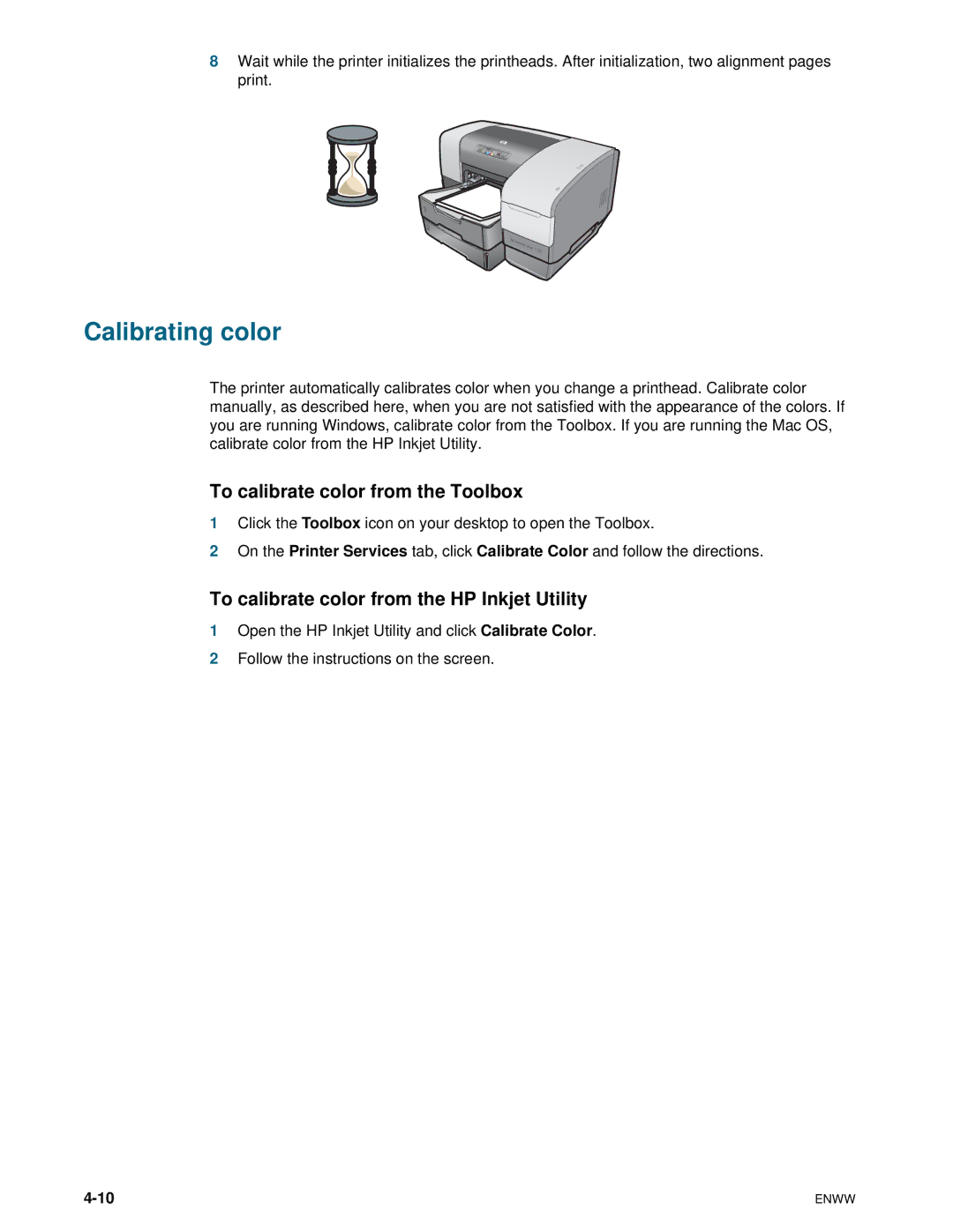 HP 1100dtn manual Calibrating color, To calibrate color from the Toolbox, To calibrate color from the HP Inkjet Utility 