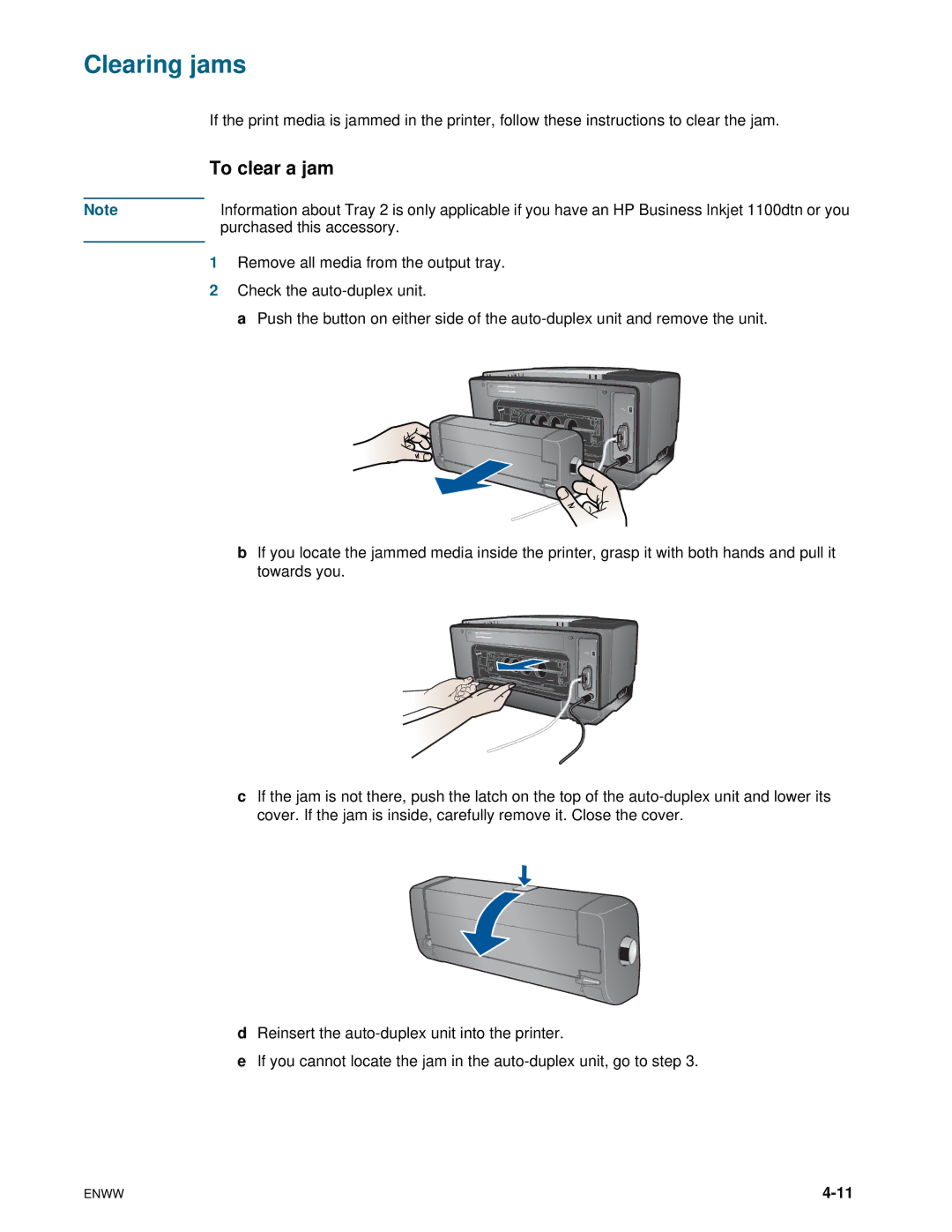 HP 1100dtn manual Clearing jams, To clear a jam 