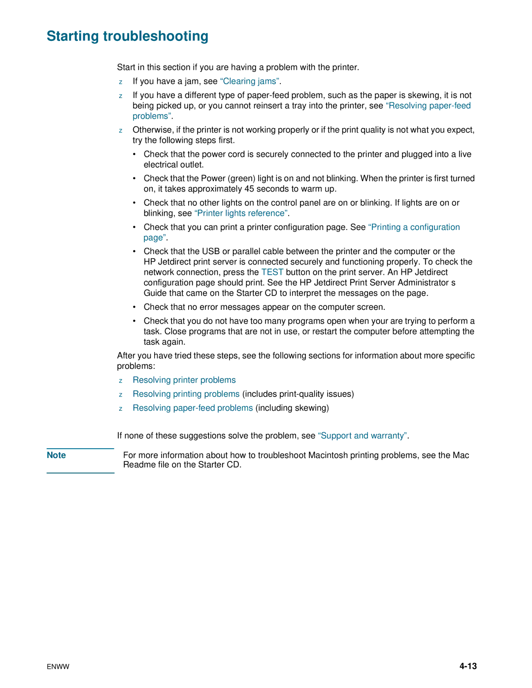 HP 1100dtn manual Starting troubleshooting, Resolving paper-feed problems including skewing 