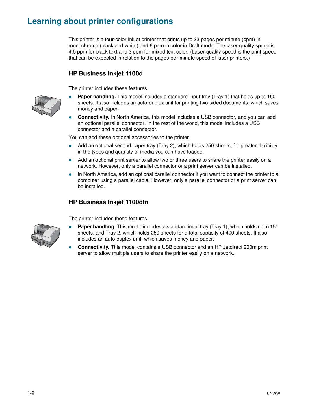 HP manual Learning about printer configurations, HP Business Inkjet 1100dtn 