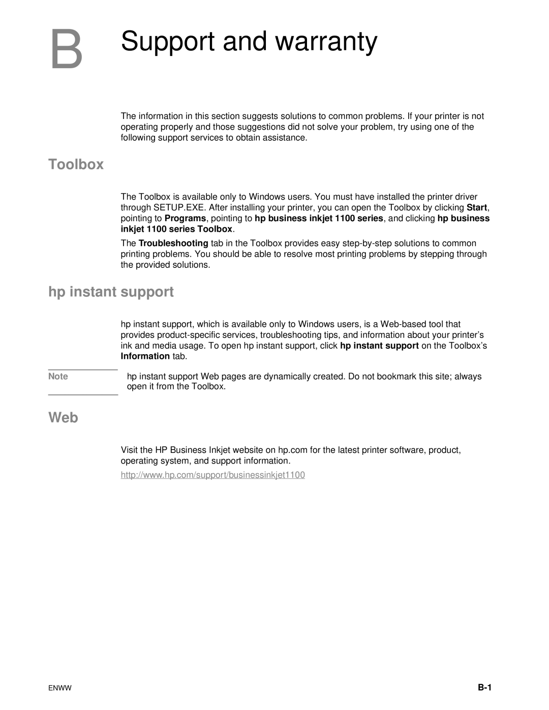 HP 1100dtn manual Support and warranty, Toolbox, Hp instant support, Web, Information tab 