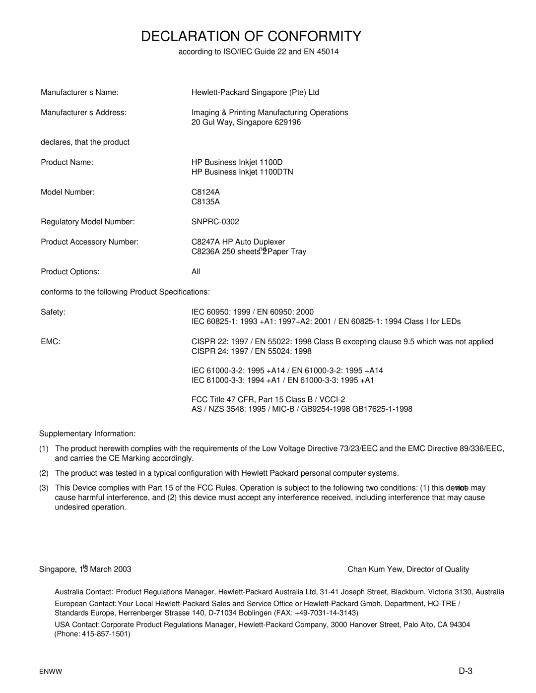 HP 1100dtn manual Declaration of Conformity 