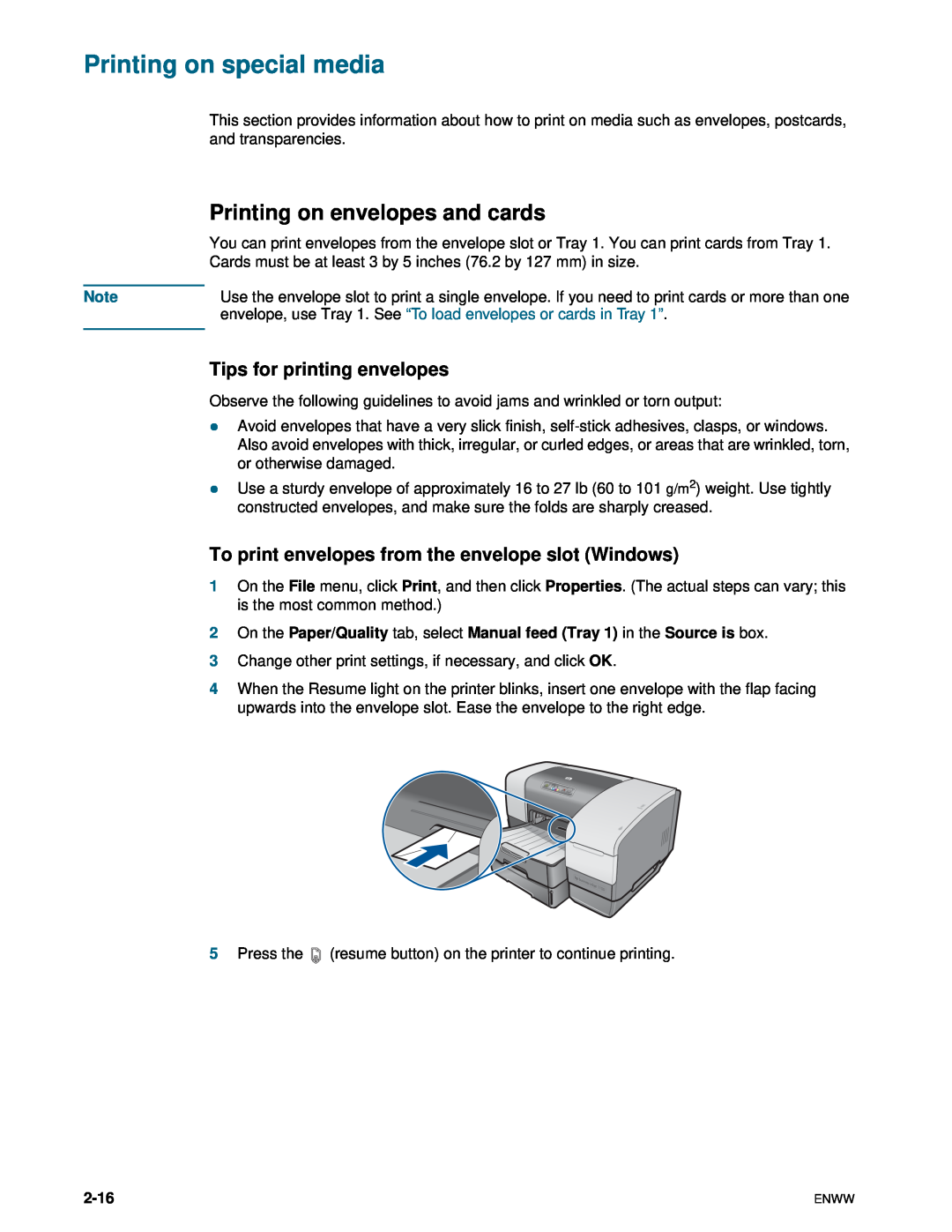HP 1100dtn manual Printing on special media, Printing on envelopes and cards, Tips for printing envelopes, 2-16 