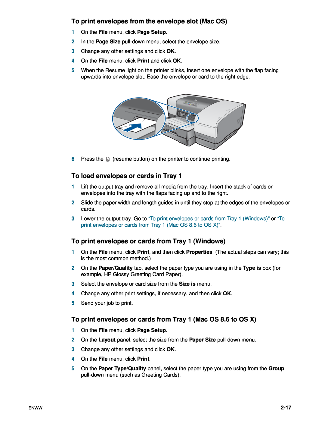 HP 1100dtn manual To print envelopes from the envelope slot Mac OS, To load envelopes or cards in Tray, 2-17 