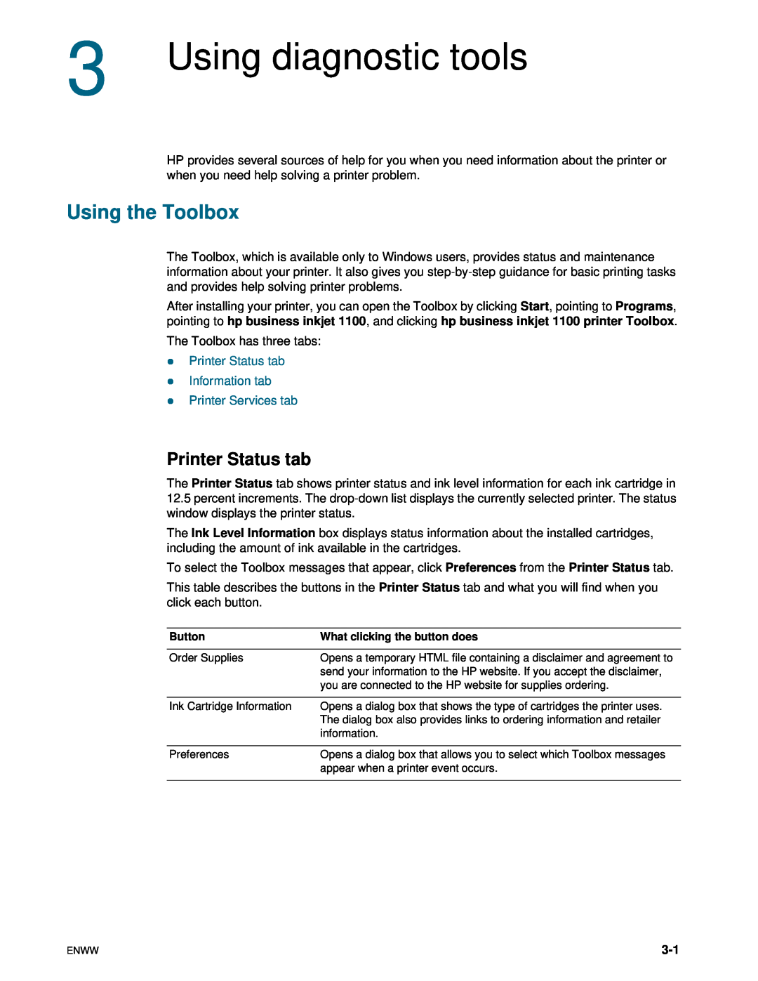 HP 1100dtn manual Using diagnostic tools, Using the Toolbox, Printer Status tab 