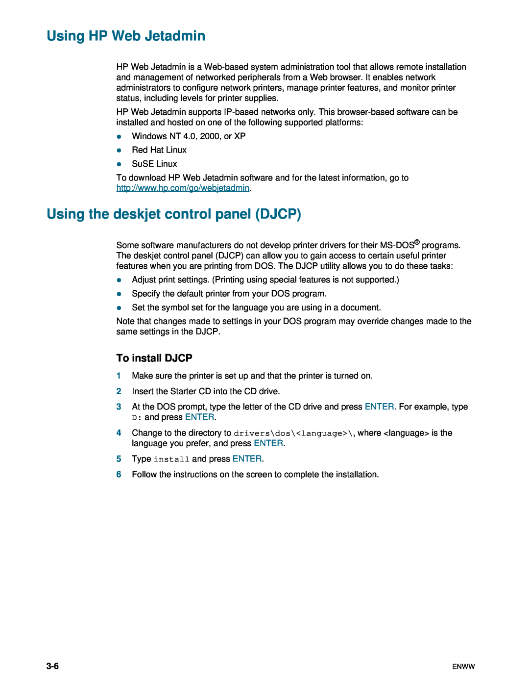 HP 1100dtn manual Using HP Web Jetadmin, Using the deskjet control panel DJCP, To install DJCP 