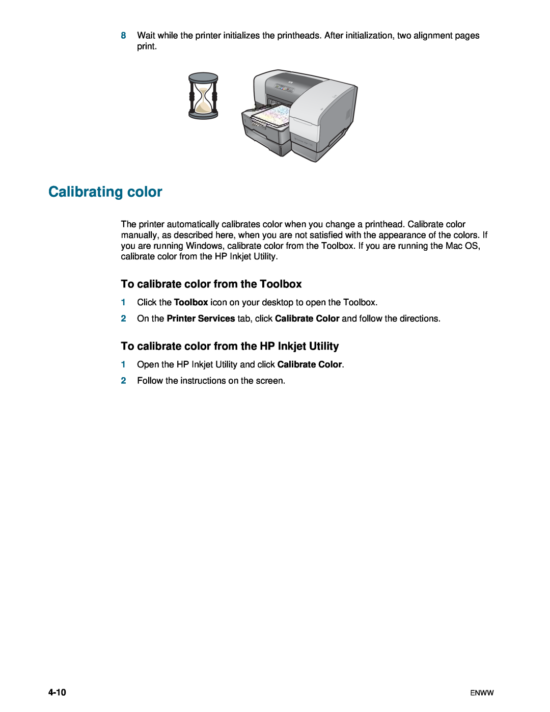 HP 1100d manual Calibrating color, To calibrate color from the Toolbox, To calibrate color from the HP Inkjet Utility, 4-10 