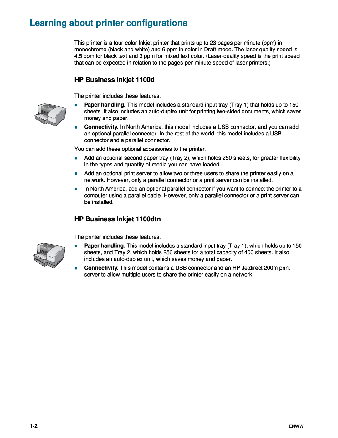 HP manual Learning about printer configurations, HP Business Inkjet 1100dtn 