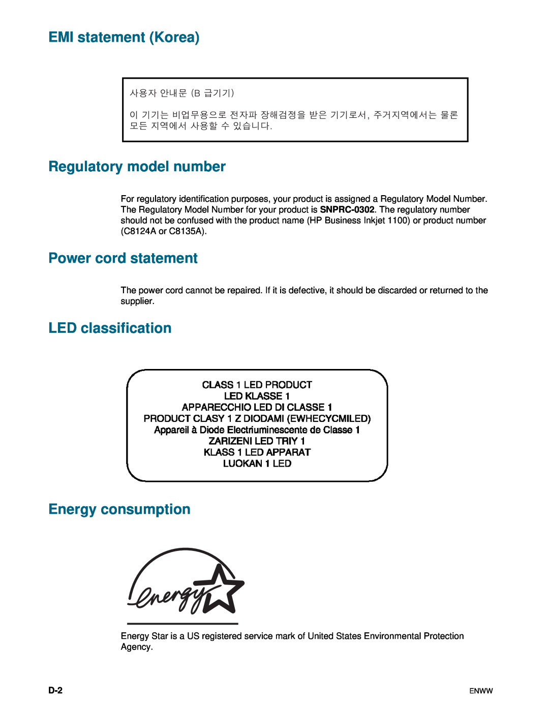 HP 1100dtn EMI statement Korea Regulatory model number, Power cord statement, LED classification Energy consumption 