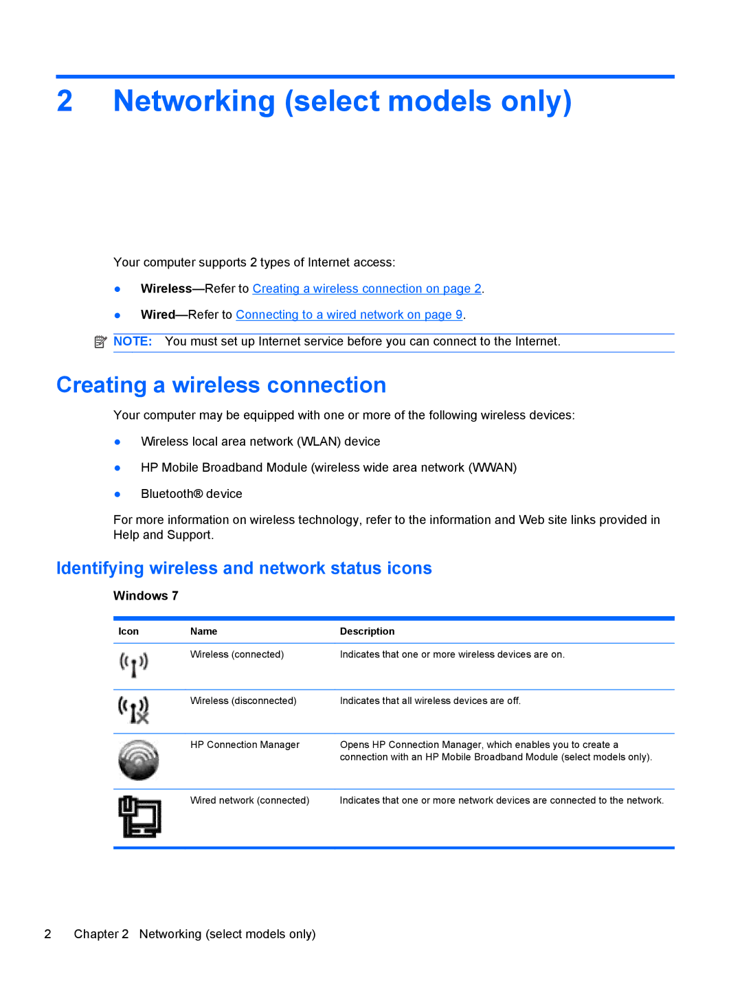 HP 1103530NR Networking select models only, Creating a wireless connection, Identifying wireless and network status icons 