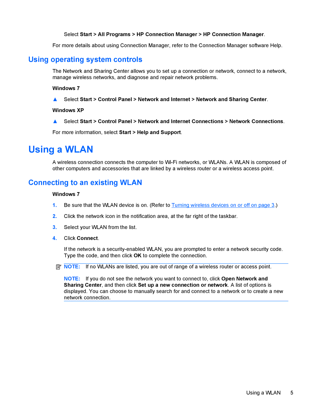 HP 1103530NR manual Using a Wlan, Using operating system controls, Connecting to an existing Wlan 