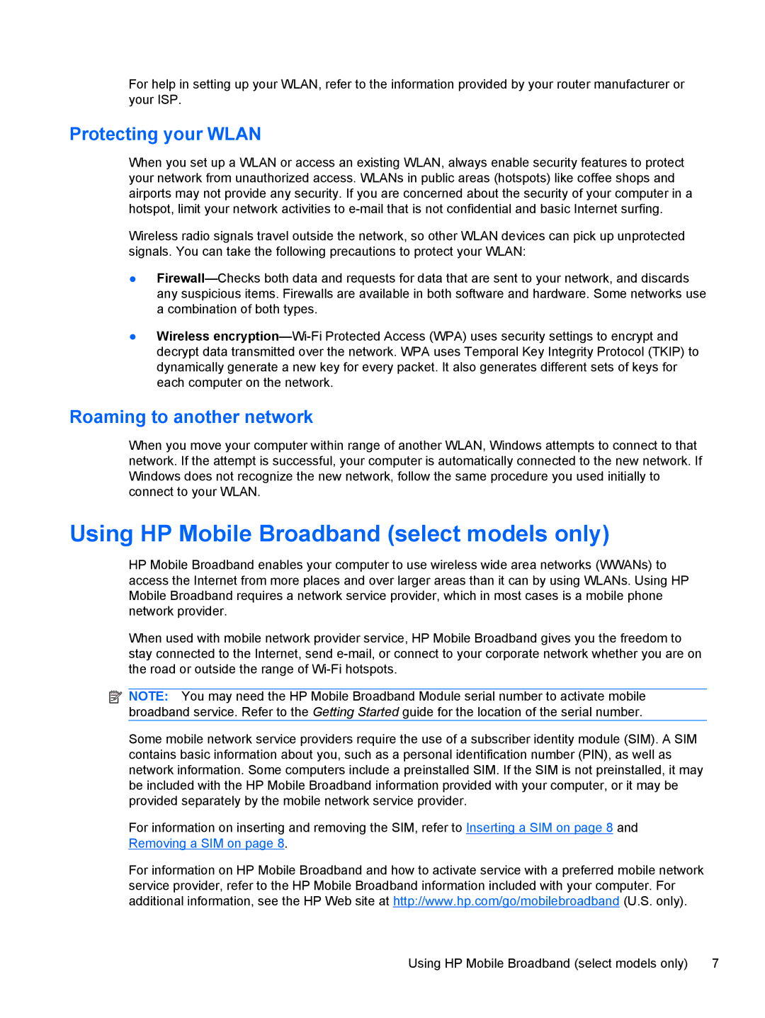 HP 1103530NR manual Using HP Mobile Broadband select models only, Protecting your Wlan, Roaming to another network 