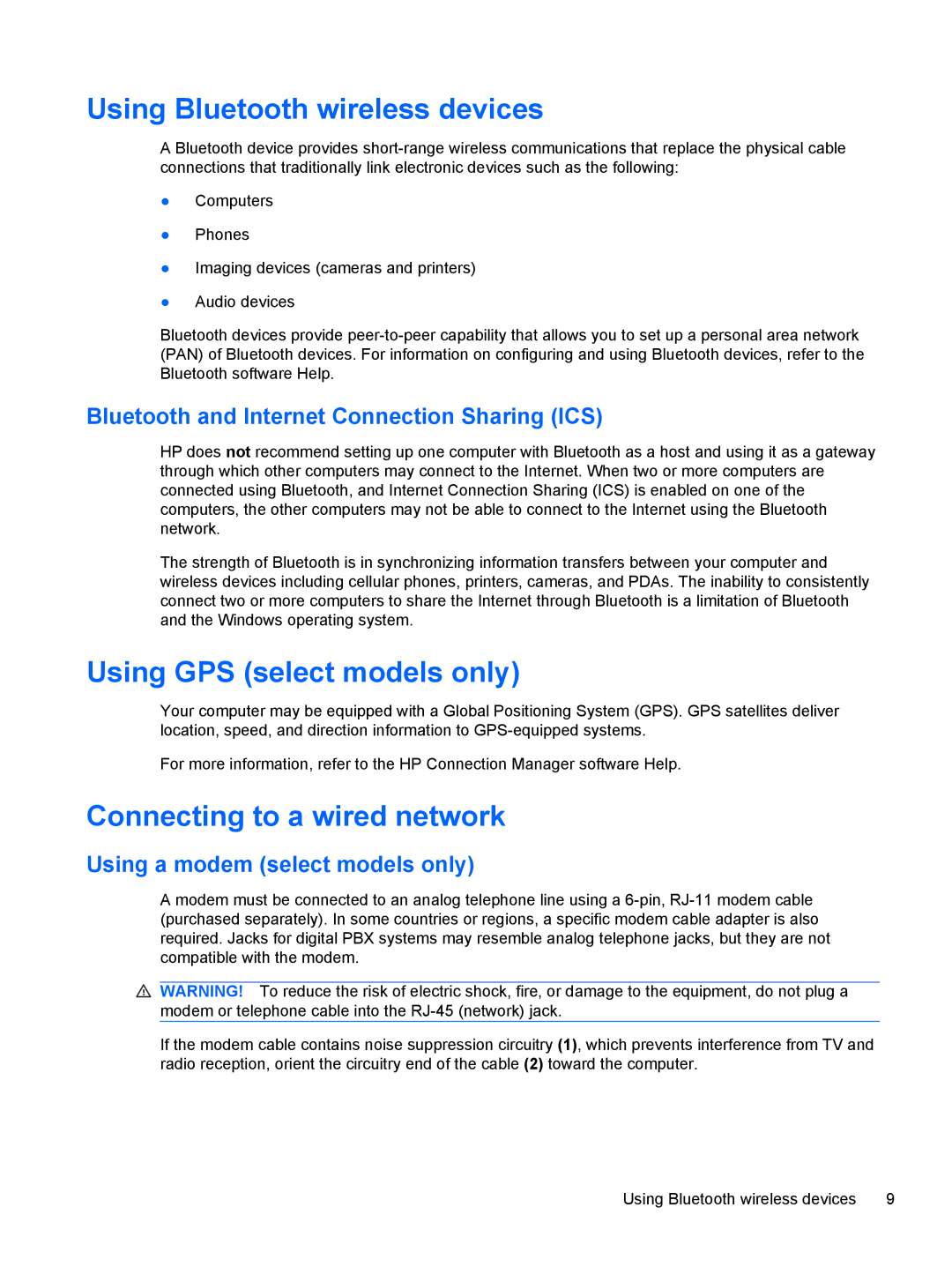 HP 1103530NR manual Using Bluetooth wireless devices, Using GPS select models only, Connecting to a wired network 