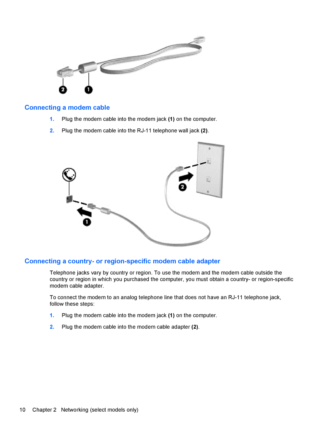 HP 1103530NR manual Connecting a modem cable, Connecting a country- or region-specific modem cable adapter 