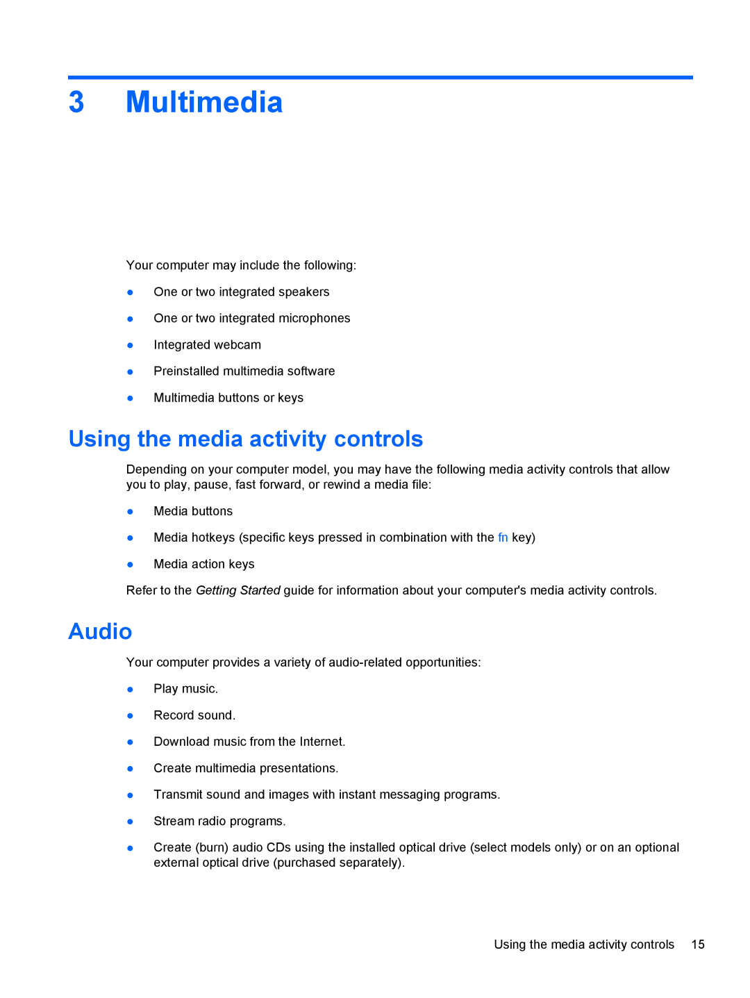 HP 1103530NR manual Multimedia, Using the media activity controls, Audio 