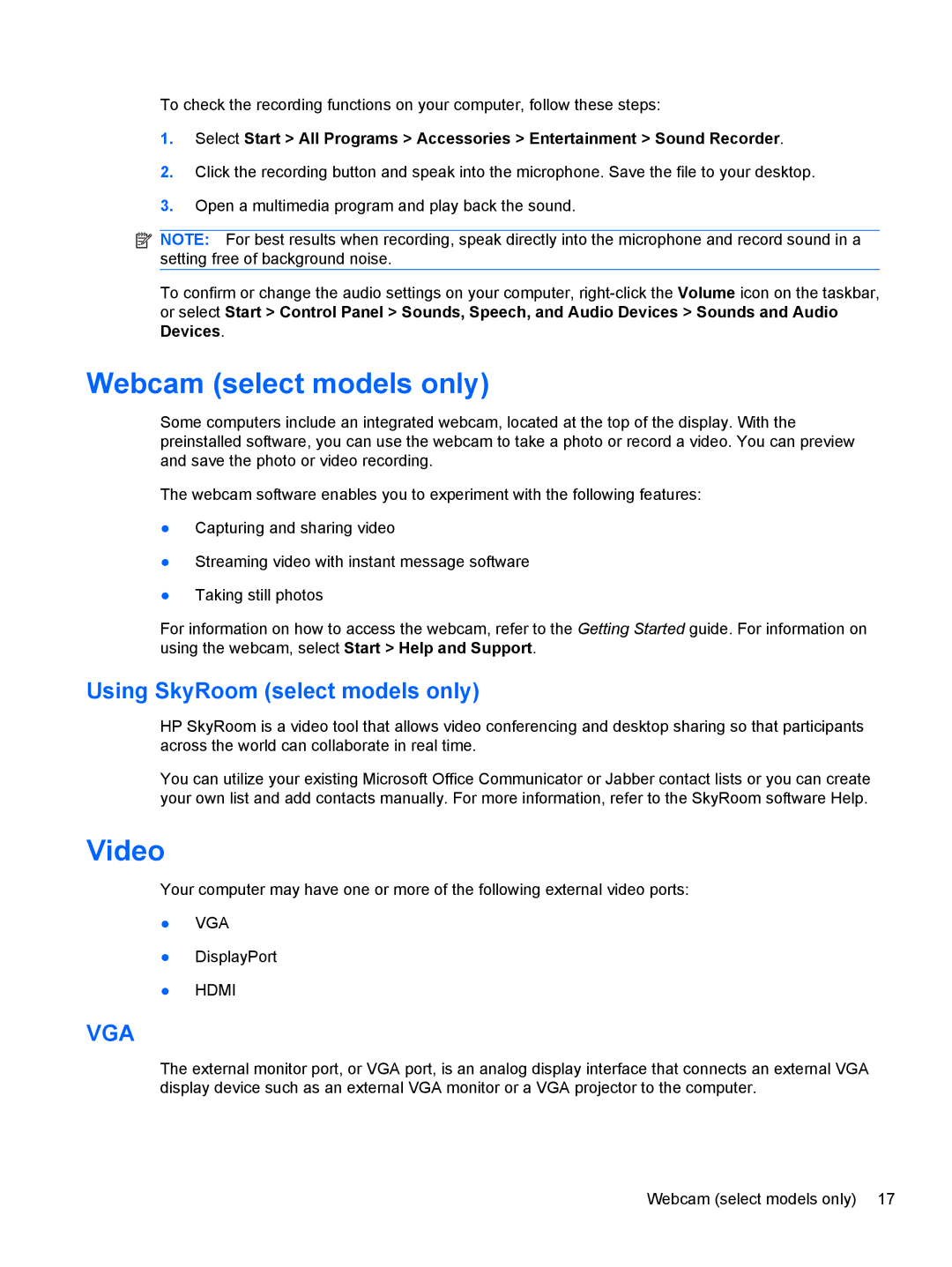 HP 1103530NR manual Webcam select models only, Video, Using SkyRoom select models only 