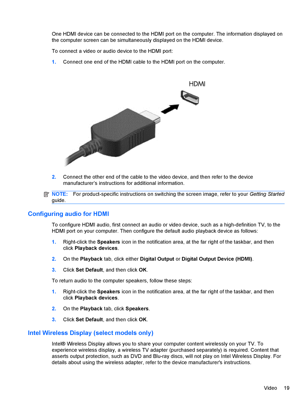 HP 1103530NR manual Configuring audio for Hdmi, Intel Wireless Display select models only 