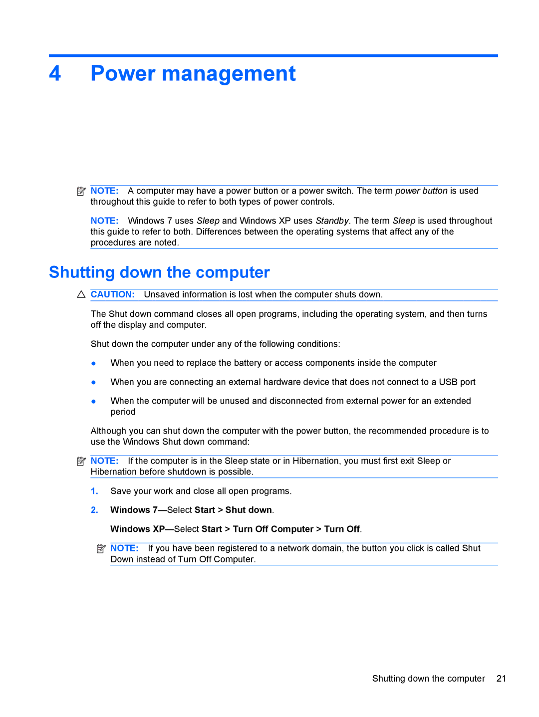 HP 1103530NR manual Power management, Shutting down the computer 