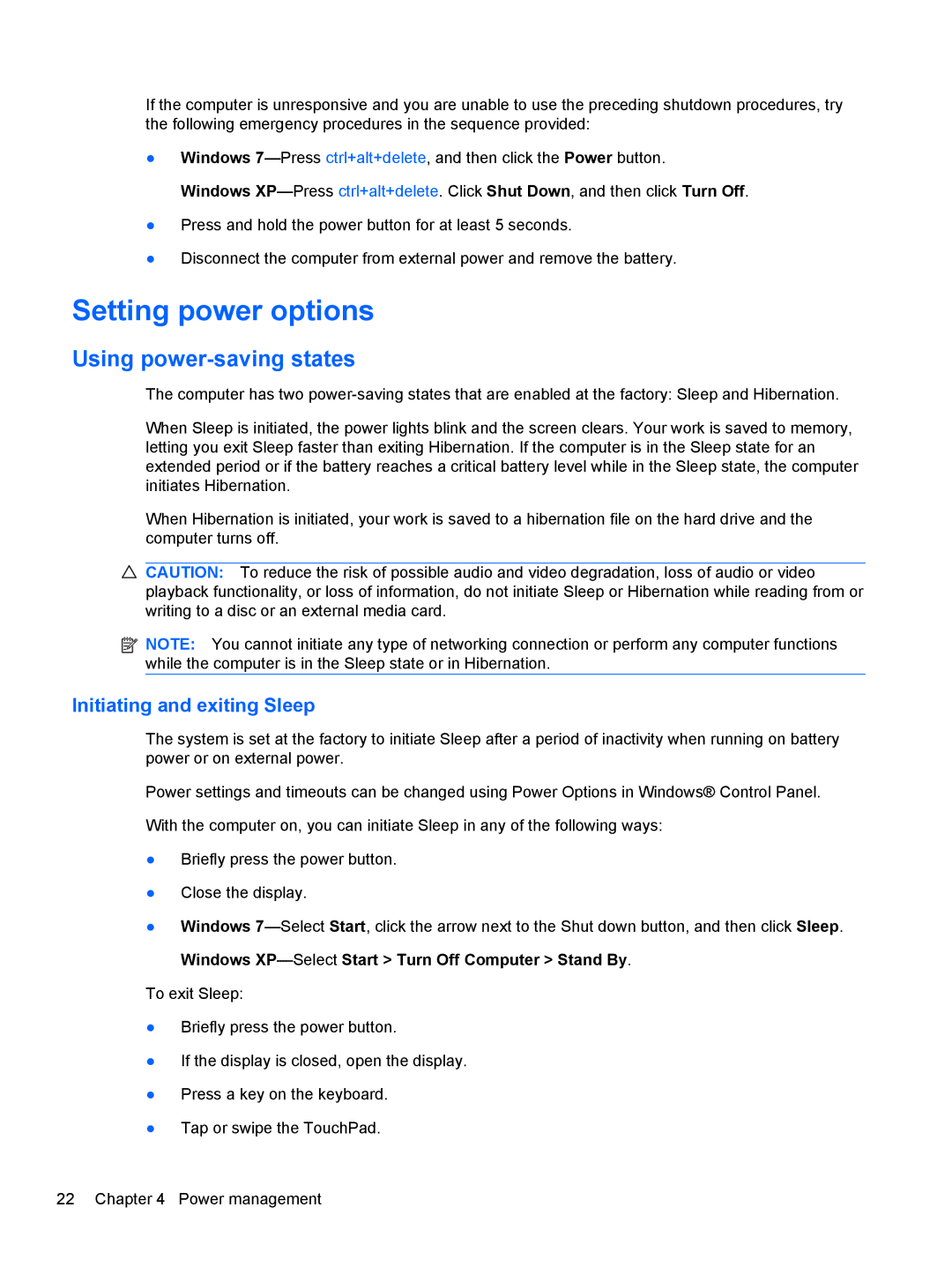 HP 1103530NR manual Setting power options, Using power-saving states, Initiating and exiting Sleep 