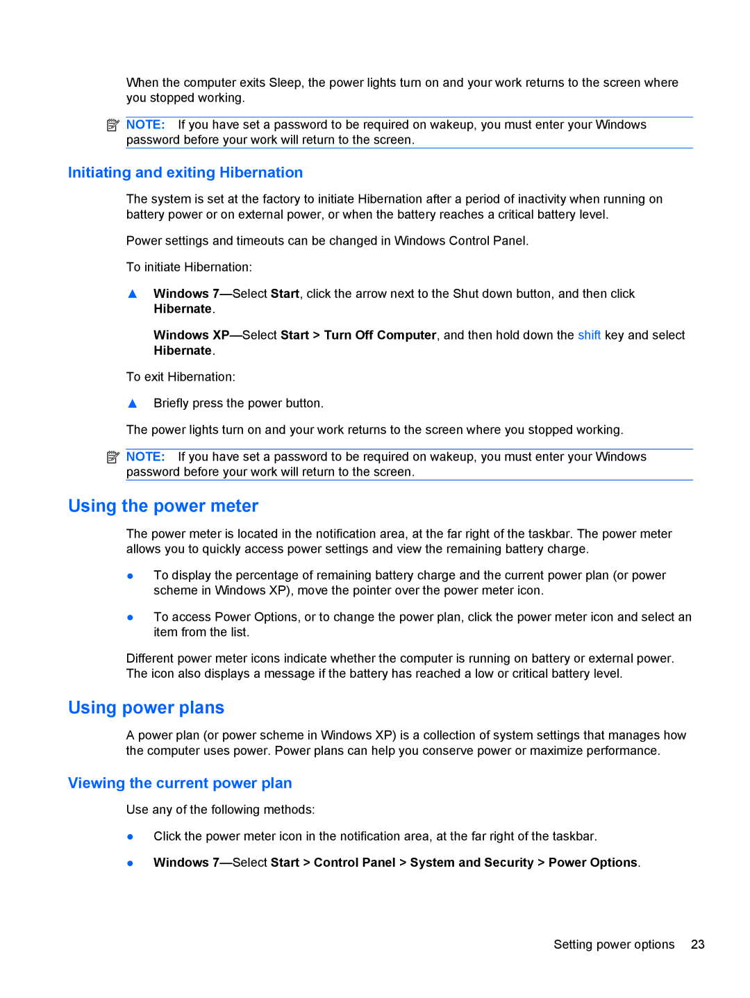HP 1103530NR Using the power meter, Using power plans, Initiating and exiting Hibernation, Viewing the current power plan 