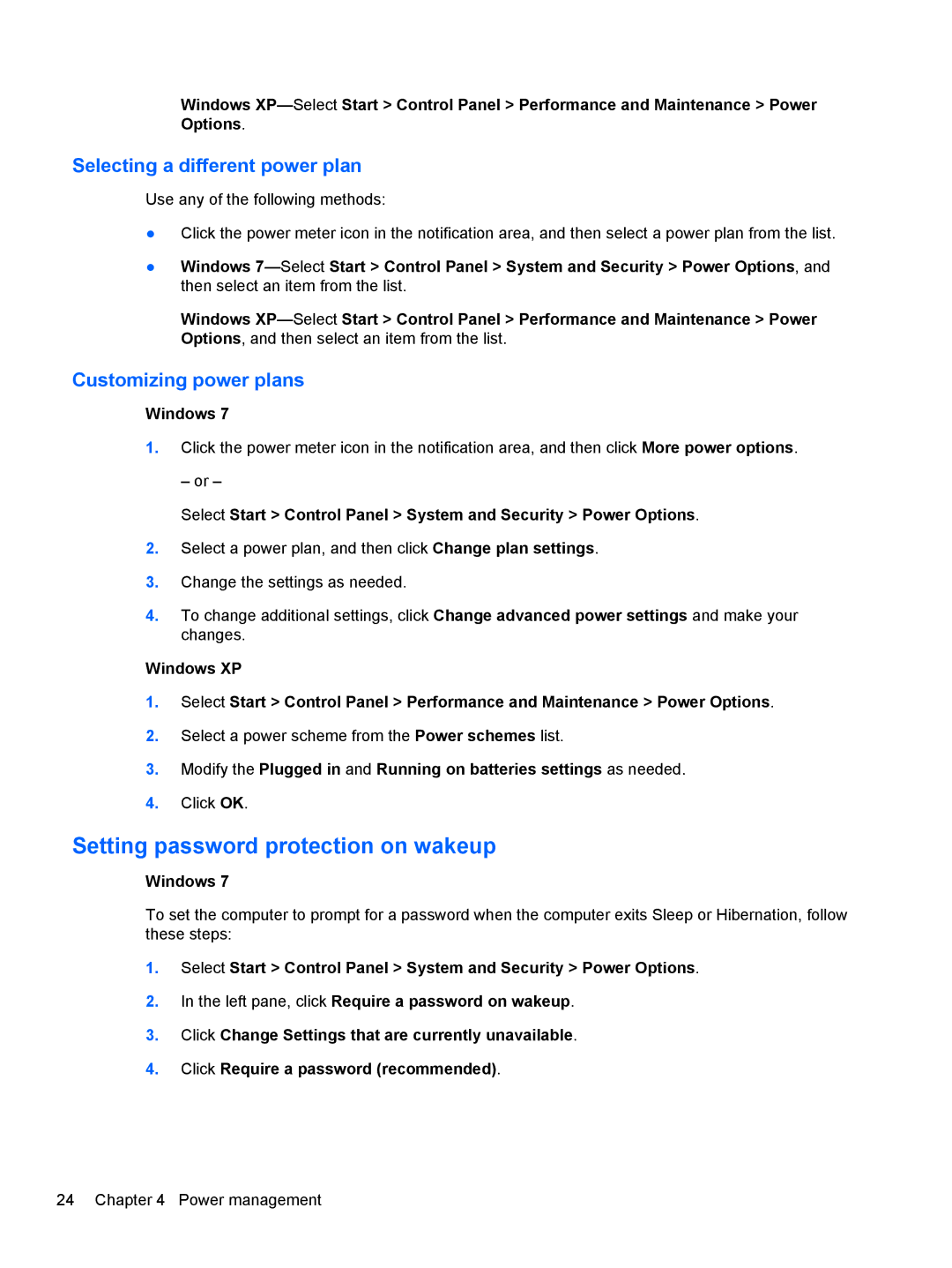 HP 1103530NR manual Setting password protection on wakeup, Selecting a different power plan, Customizing power plans 