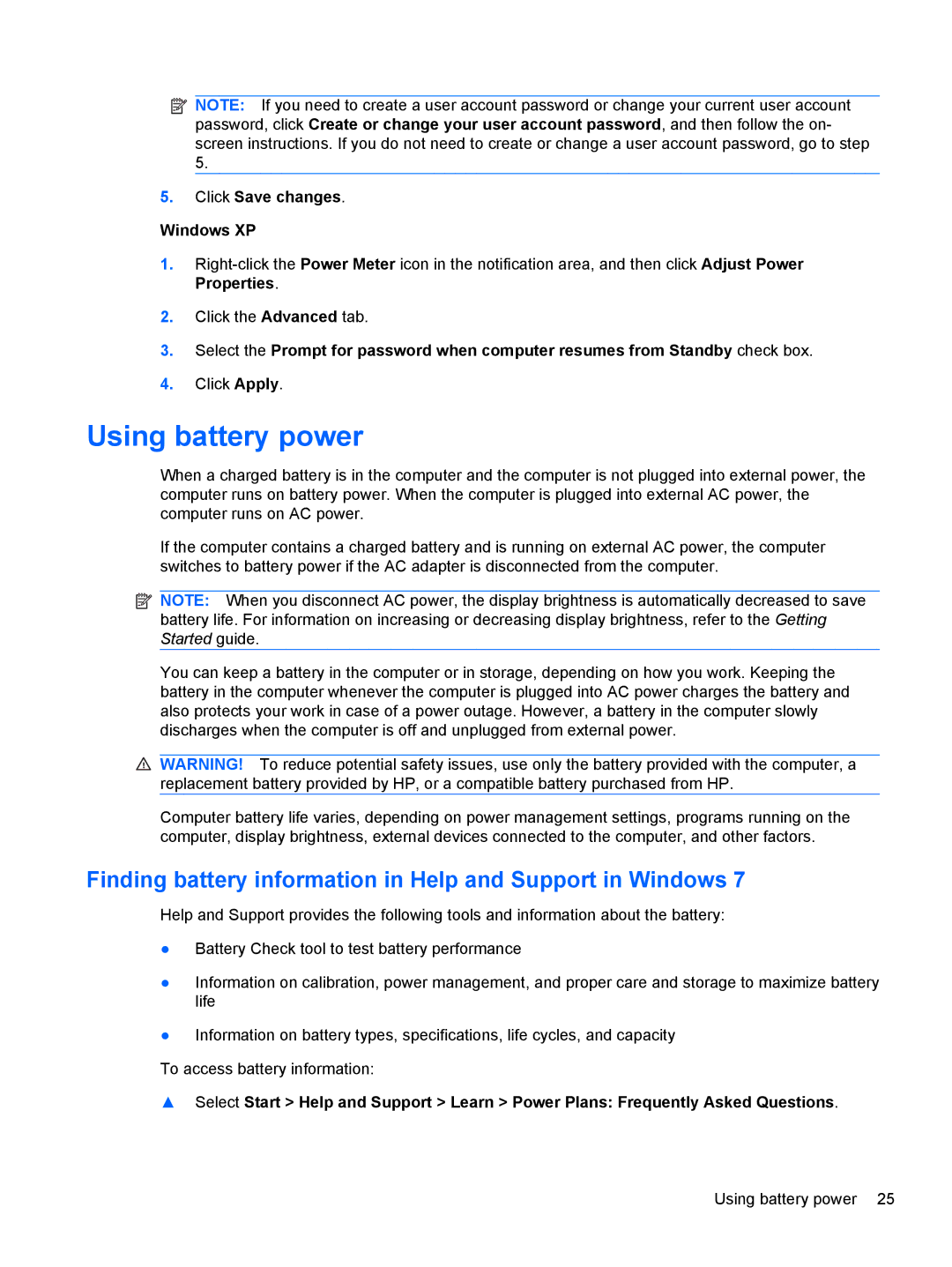 HP 1103530NR manual Using battery power, Finding battery information in Help and Support in Windows 