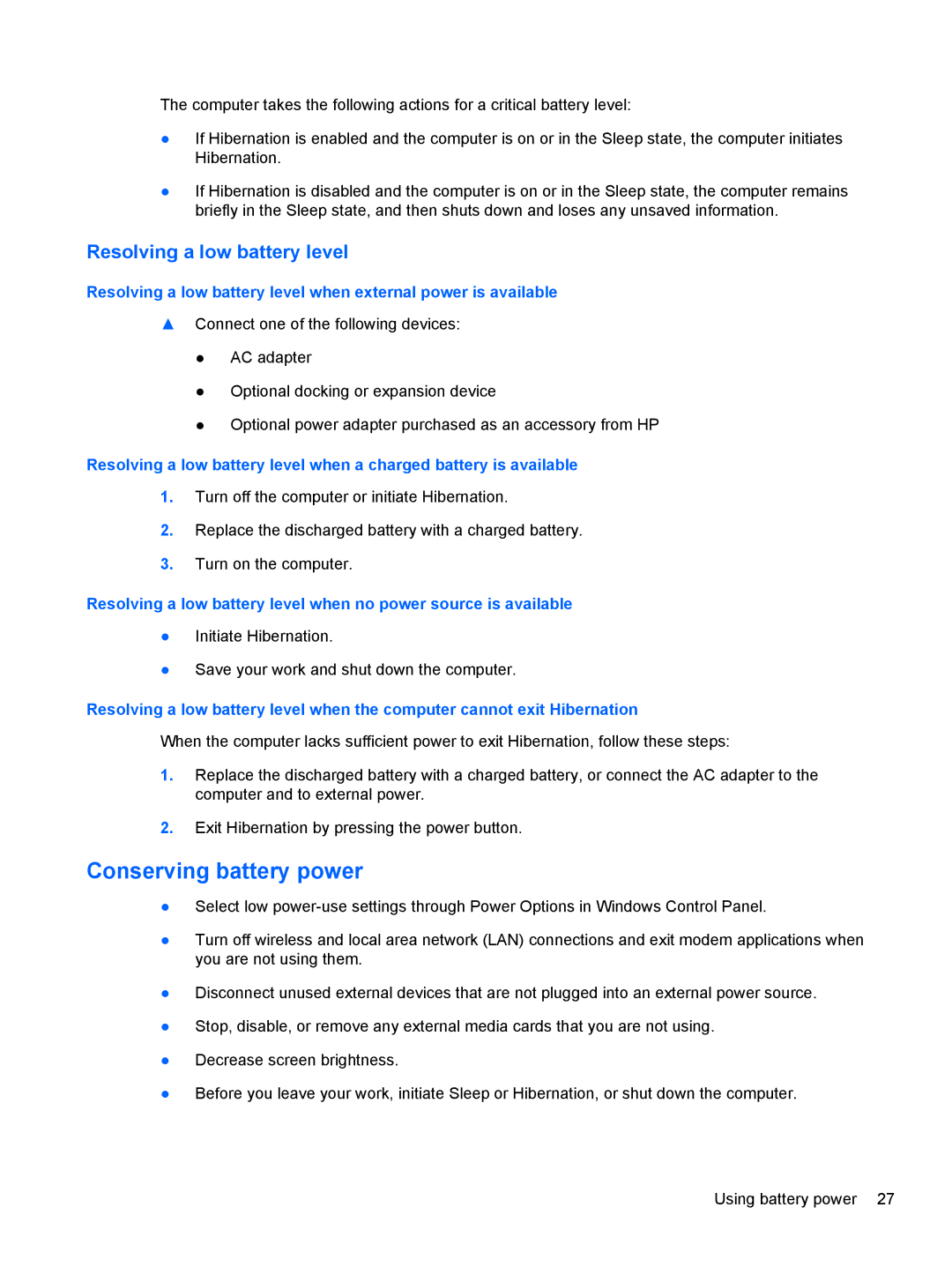 HP 1103530NR manual Conserving battery power, Resolving a low battery level 