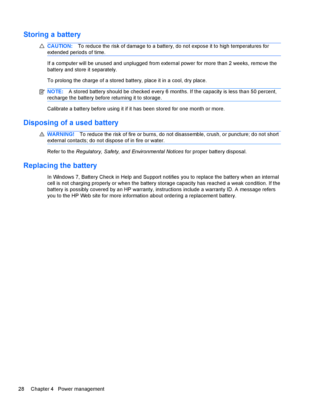 HP 1103530NR manual Storing a battery, Disposing of a used battery, Replacing the battery 