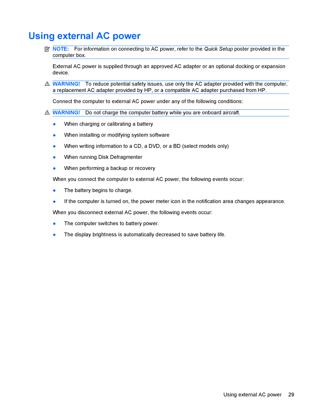 HP 1103530NR manual Using external AC power 